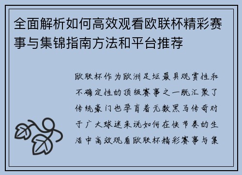 全面解析如何高效观看欧联杯精彩赛事与集锦指南方法和平台推荐 全面解析如何高效观看欧联杯精彩赛事与集锦指南方法和平台推荐