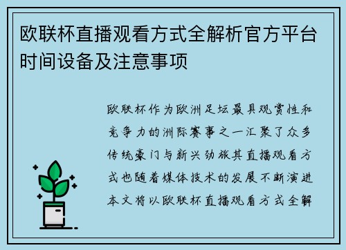 欧联杯直播观看方式全解析官方平台时间设备及注意事项